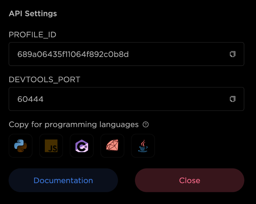 Profile menu