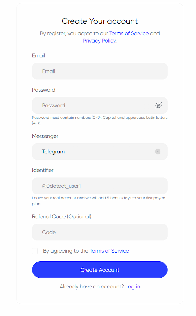 Installation Registration – 0detect