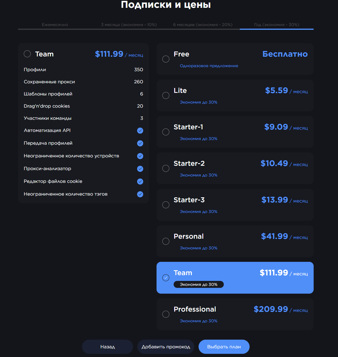 Выбор подписки